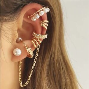 8pc Gold Tassel Chain Earrings Set Clip Punk Style Retro Jewelry Women’s Gift